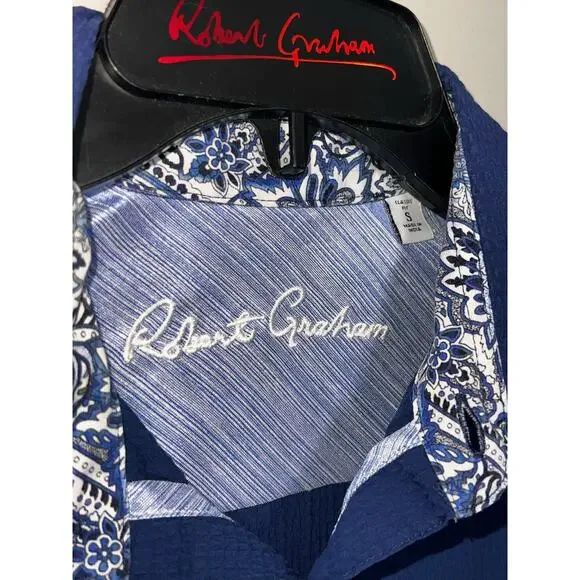 ROBERT GRAHAM NAVY BLUE CRINKLED TEXTURE S/S STRETCH SHIRT ROLL CUFF SZ S